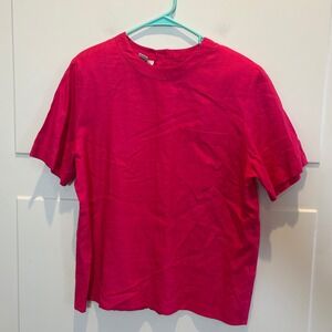 Talbots Linen Shirt Women 14 Pink Short Sleeve Button Back Pocket